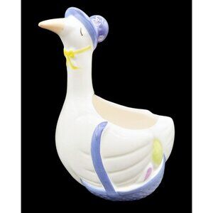 FTDA Ceramic Goose Planter Blue Hat & Yellow Bow Vintage 1986 ROC 7.25 Inches